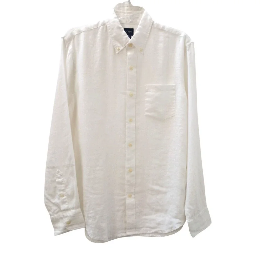 J Crew Factory Mens Medium White Linen Blend Shirt Button Down Long Sleeve